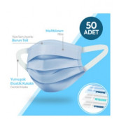 50 ADET Happy Yumuşak Elastik Kulaklı 3 Katlı Telli Cerrahi Maske 5 Mavi - 1