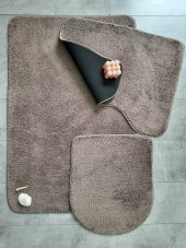 Ultrasoft Düz Kapuçino 3’lü Banyo Halısı Paspası Seti Kaymaz Deri Tabanlı Yıkanabilir Klozet Takımı - 2