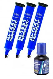 Mavi Yuvarlak Uçlu Markör Permanent Kalem 3 Adet Hı-Text Marker Mürekkep Mavi 30 Ml 1 Adet Brons Koli Kalemi - 1