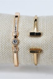 Altın Renk Tiffany Model T Uçlu Desenli & Büyük Taşlı Kelepçe Bileklik Set SU-883 thumbnail 1