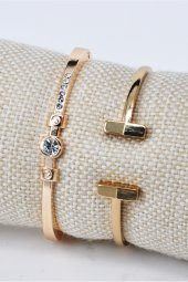 Altın Renk Tiffany Model T Uçlu Desenli & Büyük Taşlı Kelepçe Bileklik Set SU-883 thumbnail 2