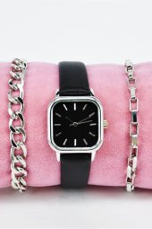 Siyah Renk Deri Kordonlu Minimal Renk Kasa Vintage Kadın Kol Saati & Yanındaki Bileklikler SU-860 thumbnail 2