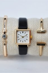 Siyah Renk Deri Kordonlu Takvimli Altın Renk Kasa Kadın Kol Saati & Yanındaki Bileklikler SU-862 thumbnail 2