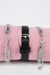 Gümüş Kasa Siyah Deri Kordon Siyah Kadran Genç Kız Kadın Kol Saati & Yanındaki Bileklikler SU-867 thumbnail 3