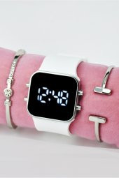 Beyaz Silikon Kordonlu Büyük Kasa Geniş Kordon Unisex Kol Saati & Yanındaki Bileklikler SU-854 thumbnail 1