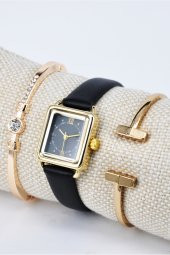 Altın Renk Kasa Siyah Deri Kordonlu Vintage Retro Kol Saati & Yanındaki Bileklikler SU-851 thumbnail 1