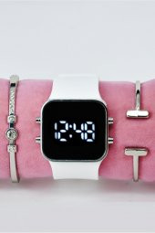 Beyaz Silikon Kordonlu Büyük Kasa Geniş Kordon Unisex Kol Saati & Yanındaki Bileklikler SU-854 thumbnail 3