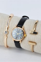Retro Kadın Kol Saati Siyah Kadran Altın Renk Kasa Şık Zarif Sade & Yanındaki Bileklikler SU-847 thumbnail 1