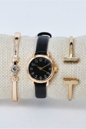 Retro Kadın Kol Saati Siyah Kadran Altın Renk Kasa Şık Zarif Sade & Yanındaki Bileklikler SU-847 thumbnail 2