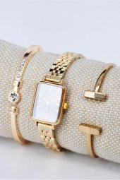 Kadın Kol Saati Vintage Altın Renk Siyah Renk Kadran Şık Sade Zarif & Yanındaki Bileklikler SU-844 thumbnail 1