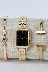 Kadın Kol Saati Vintage Altın Renk Siyah Renk Kadran Şık Sade Zarif & Yanındaki Bileklikler SU-844 thumbnail 2