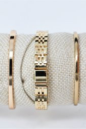 Kadın Kol Saati Vintage Altın Renk Siyah Renk Kadran Şık Sade Zarif & Yanındaki Bileklikler SU-844 thumbnail 3