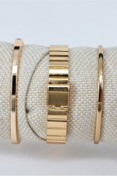 Altın Renk Minimal Kare Kasa Beyaz Kadran Roma Rakam Kadın Kol Saat & Yanındaki Bileklikler SU-845 thumbnail 3