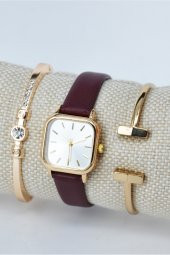 Altın Renk Kare Kasa Bordo Deri Kordon Hediyelik Kadın Kol Saati & Yanındaki Bileklikler SU-839 - 1