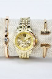 Full Altın Renk Roma Rakam Şık Sade Kadın Kol Saati & Yanındaki Bileklikler SU-840 thumbnail 2