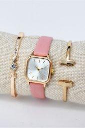Altın Renk Kare Kasa Pembe Deri Kordon Hediyelik Kadın Kol Saati & Yanındaki Bileklikler SU-835 thumbnail 1