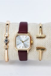 Altın Renk Kare Kasa Bordo Deri Kordon Hediyelik Kadın Kol Saati & Yanındaki Bileklikler SU-839 - 2