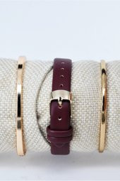 Altın Renk Kare Kasa Bordo Deri Kordon Hediyelik Kadın Kol Saati & Yanındaki Bileklikler SU-839 - 3