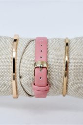 Altın Renk Kare Kasa Pembe Deri Kordon Hediyelik Kadın Kol Saati & Yanındaki Bileklikler SU-835 thumbnail 3