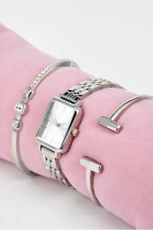 Gümüş Renk Dikdörtgen Kasa Vintage Kadın Kol Saat & Yanındaki Bileklikler SU-831 - 1