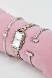 Vintage Kadın Kol Saati Gümüş Altın Renk Kordon Gümüş Renk Kadran & Yanındaki Bileklikler SU-829 - 1