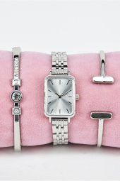 Gümüş Renk Dikdörtgen Kasa Vintage Kadın Kol Saat & Yanındaki Bileklikler SU-831 - 2