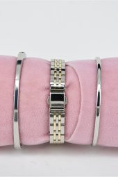 Vintage Kadın Kol Saati Gümüş Altın Renk Kordon Gümüş Renk Kadran & Yanındaki Bileklikler SU-829 - 2