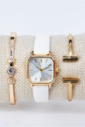 Altın Renk Kare Kasa Beyaz Deri Kordon Hediyelik Kadın Kol Saati & Yanındaki Bileklikler SU-828 - 2