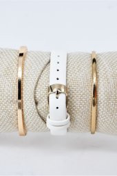 Altın Renk Kare Kasa Beyaz Deri Kordon Hediyelik Kadın Kol Saati & Yanındaki Bileklikler SU-828 - 3