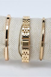 Altın Renk Full Gold Kordon Vintage Minimal Kasa Kol Saati & Yanındaki Bileklikler SU-825 - 3