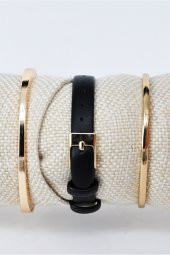 Retro Kadın Kol Saati Siyah Kadran Altın Renk Kasa Şık Zarif Sade & Yanındaki Bileklikler SU-847 thumbnail 3