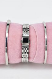 Gümüş Renk Dikdörtgen Kasa Vintage Kadın Kol Saat & Yanındaki Bileklikler SU-831 - 3