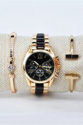 Altın Siyah Renk Kordon Roma Rakamlı Kadın Kol Saati & Yanındaki Bileklikler SU-820 thumbnail 2