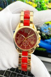 Altın & Kırmızı Renk Roma Rakamlı Kadın Analog Kol Saat thumbnail 1
