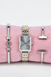 Vintage Kadın Kol Saati Gümüş Altın Renk Kordon Gümüş Renk Kadran & Yanındaki Bileklikler SU-829 - 3