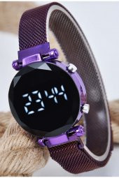 Mor Renk Mıknatıslı Hasır Kordonlu Beyaz Led Rakam Şık Kadın Kol Saati SU-186-090 thumbnail 1