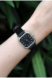 Gümüş Renk Minimal Kare Kasa Siyah Yumuşak Deri Kordonlu Şık Kadın Kol Saati Su-737 thumbnail 1