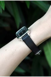 Gümüş Renk Minimal Kare Kasa Siyah Yumuşak Deri Kordonlu Şık Kadın Kol Saati Su-737 thumbnail 2