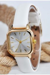 Minimal Kare Altın Kasa Beyaz Deri Kordon Kadın Kol Saati Su-735-001 - 3