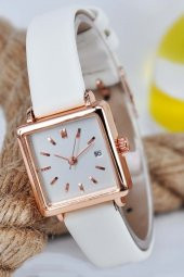 Beyaz Yumuşak Deri Kordonlu Bakır Renk Kasa Takvimli Şık Vintage Kadın Kol Saati Su-733 thumbnail 1