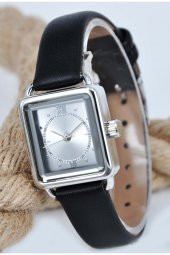 Gümüş Renk Minimal Kare Kasa Siyah Deri Kordonlu Vintage Retro Kol Saati Su-579-002 - 1