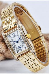 Full Gold Renk Dikdörtgen Kasa Taşlı Şık Vintage Kadın Kol Saati Su-700 - 1