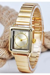 Gold Renk Minimal Kare Kasa Gold Kadran Roma Rakamlı Genç Kız Kadın Kol Saati Su-689 - 1