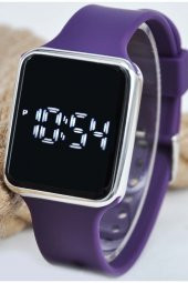 Mor Renk Silikon Kordonlu Gümüş Kasa Led Dokunmatik Unisex Kol Saati Su-684 thumbnail 1