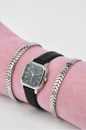 Gümüş Kasa Siyah Deri Kordon Siyah Kadran Genç Kız Kadın Kol Saati & Yanındaki Bileklikler SU-867 thumbnail 1