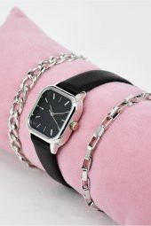 Siyah Renk Deri Kordonlu Minimal Renk Kasa Vintage Kadın Kol Saati & Yanındaki Bileklikler SU-860 thumbnail 1