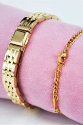 Vintage Kadın Kol Saati Altın Renk Çelik Kalpli Bileklikli Su-516 - 3