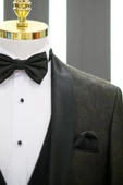 Şal Yaka Yelekli Papyonlu Şal Desenli Pantolon Kombinli Slimfit Smokin Takım Elbise - 3