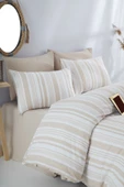 Çift Kişilik Bej Çizgili Lastikli Çarşaflı Nevresim Takımı thumbnail 1