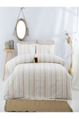 Çift Kişilik Bej Çizgili Lastikli Çarşaflı Nevresim Takımı thumbnail 2